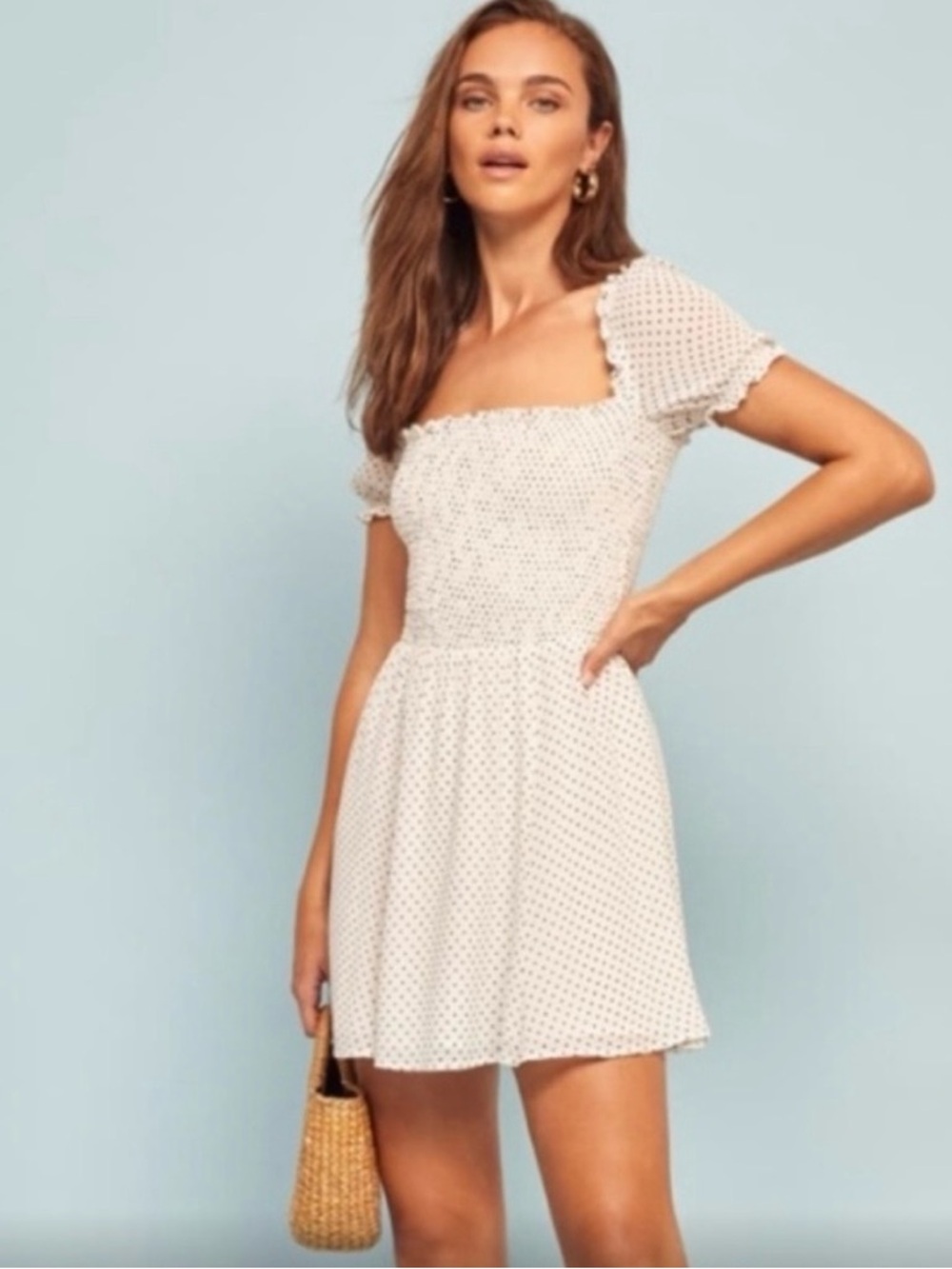 Reformation Bambina Smocked Square Neck White Polka Dot Mini Dress View 4